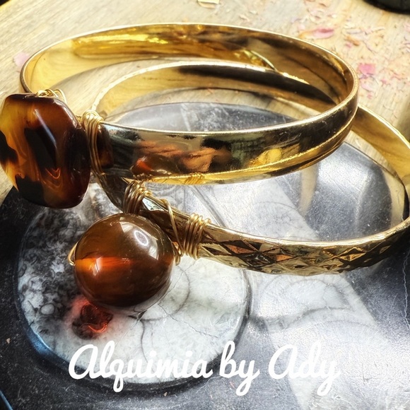 BALTIC AMBER AND TORTOISE GOLD CHUNKY BANGLE BRACELET STACK - Picture 4 of 6